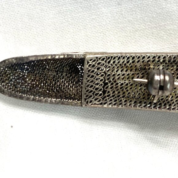 Antique Chinese Brooch Finger Nail Guard Pin Turquoise Coral Silver Mesh Asian - Picture 10 of 13